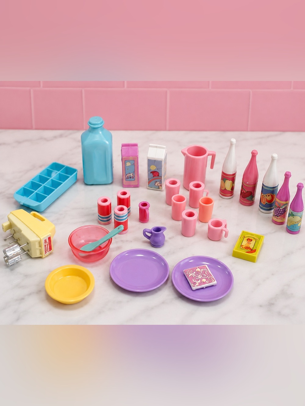 Vintage 90s Barbie Dollhouse Kitchen Accessories Set‎ Food, Mixer, Bottles, Cups